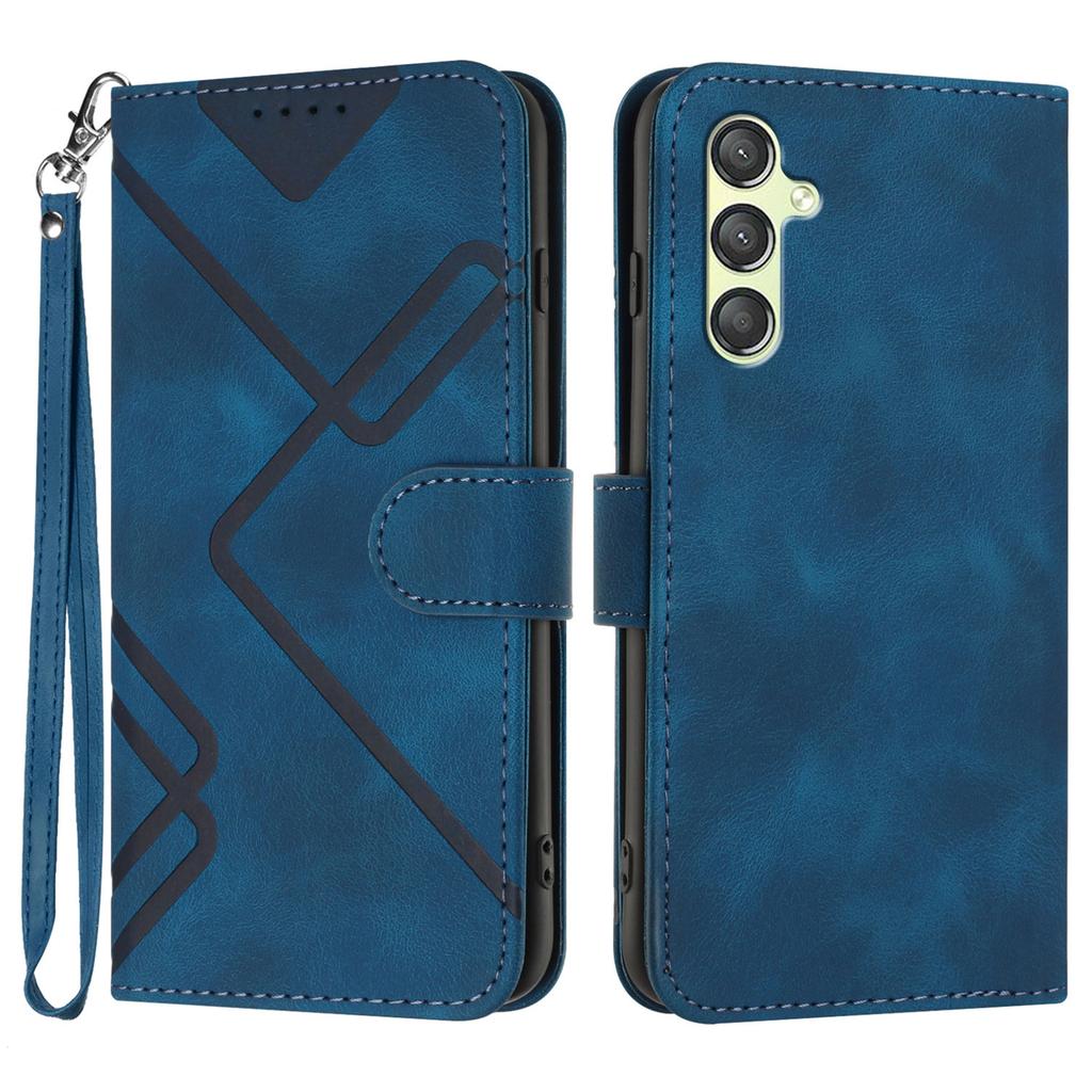 For Samsung Galaxy A24 4G (162.1 X 77.6 X 8.3mm) Wallet Case Line Imprinted PU Leather Phone Cover with Strap
