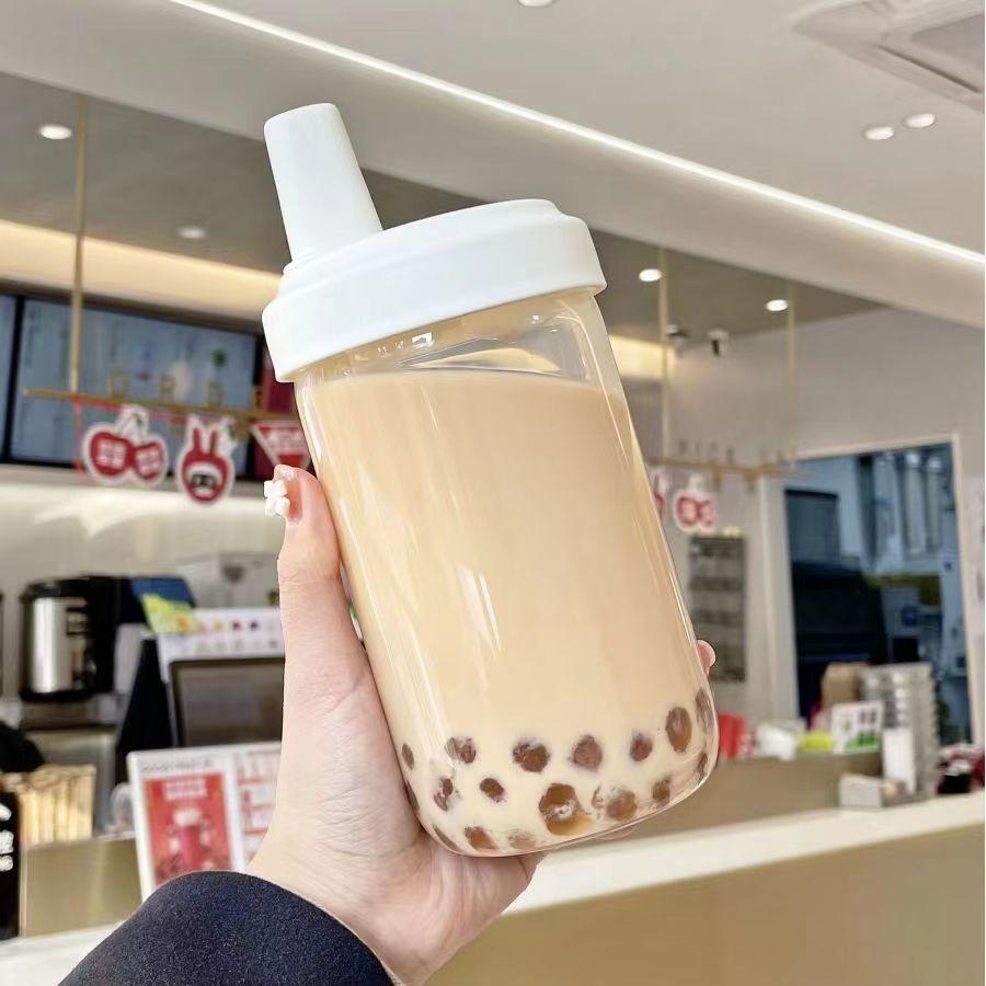 Kawaii Cat Boba Plastic Water Bottle with Straw PU Sleeve Cute Coffee Bubble Tea Milk Cups Portable Drinking Bottle BPA Free