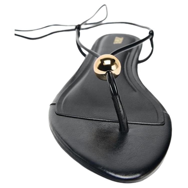 Zara Модные удобные сандалии на плоской подошве с металлическим декором на одном ремешке 1 см Женские сандалии Черные 3614510800