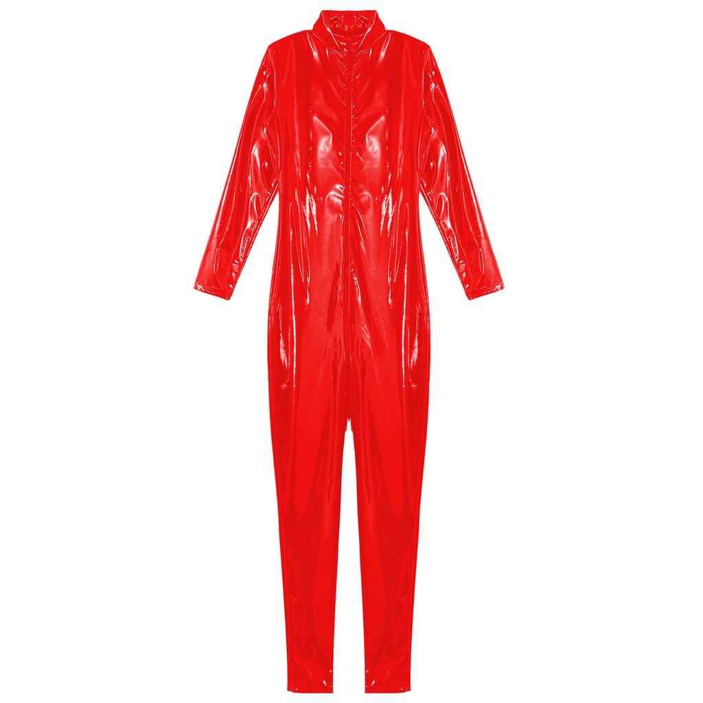 Mens Shiny Patent Leather Jumpsuit Stand Collar Long Sleeve Zipper Leotard Bodysuit Catsuit