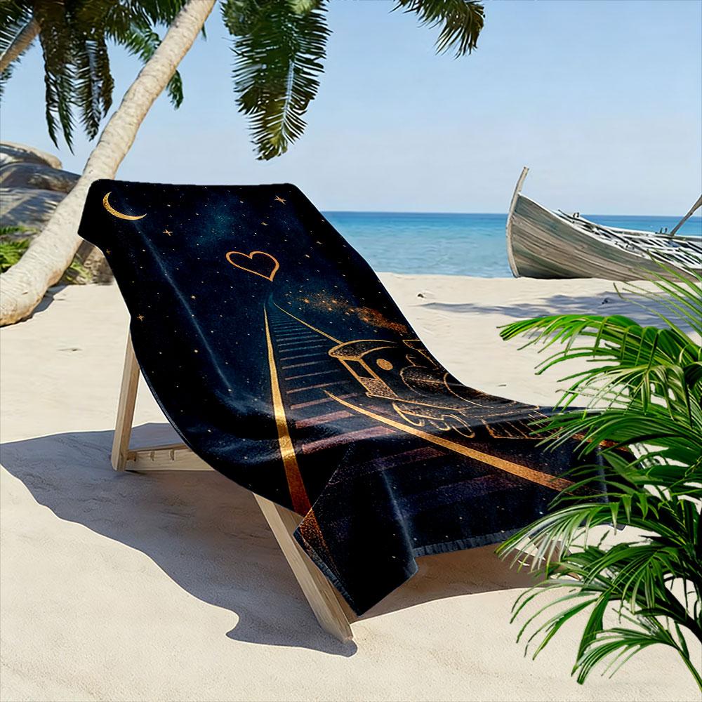 Moonlit dreamy train journey Print beach towel, quick drying, suitable for travel, outdoor sports, jogging, the beach and swimming, gift