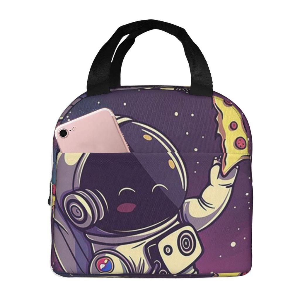 Astronaut With Pizza In Space Cartoon Insulated Lunch Bag for Women Kids Leakproof Food Boxes Thermal Lunch Box Tote