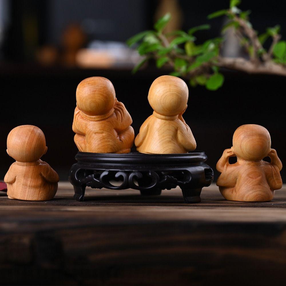 Декоративная статуэтка монахов Ручная резьба по дереву Орнаменты Антикварные скульптуры маленьких монахов Настольная