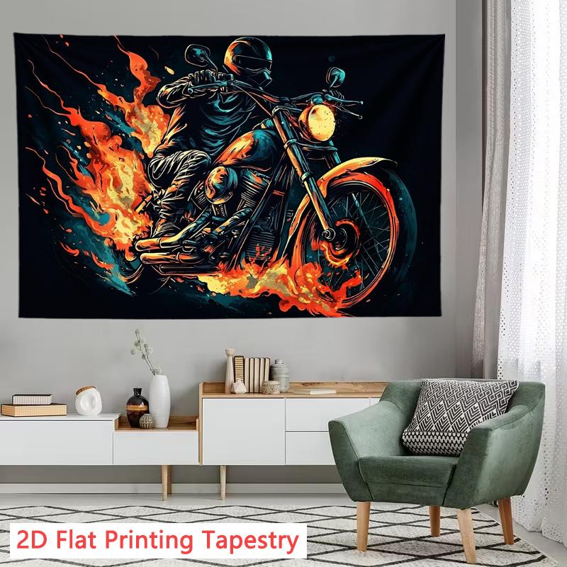 Motorcycle Fire Biker Tapestry Wall Art Hanging Canvas Print Chopper Ride Flames Decor Industrial Grunge Style 180x280cm