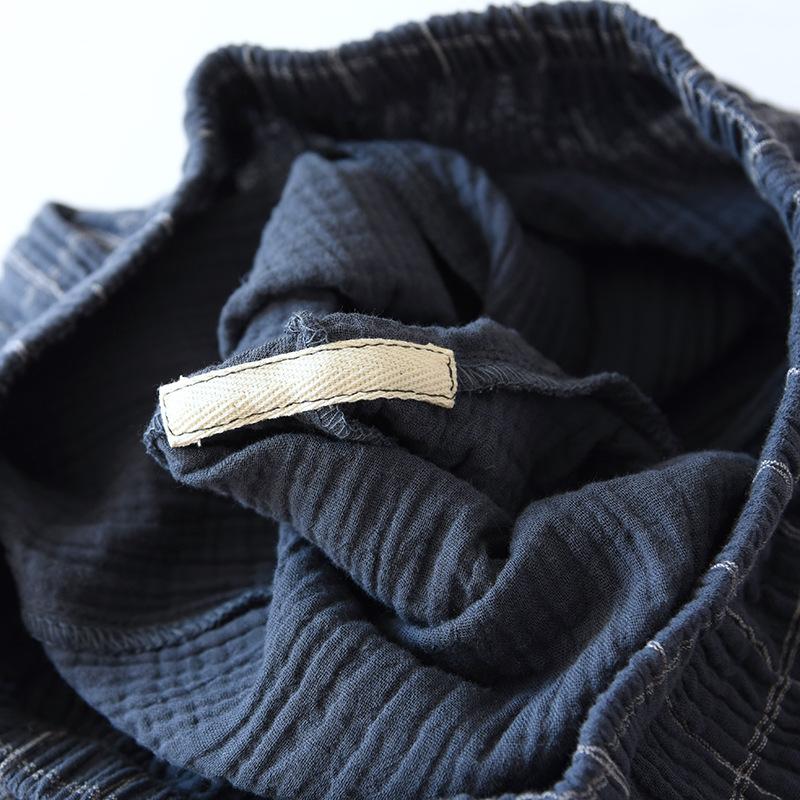 New Men's Plaid Home Service Suit 100% Cotton Crepe Cloth Pajamas Long-sleeved Trousers Simple Two-color Plus Size Home Service