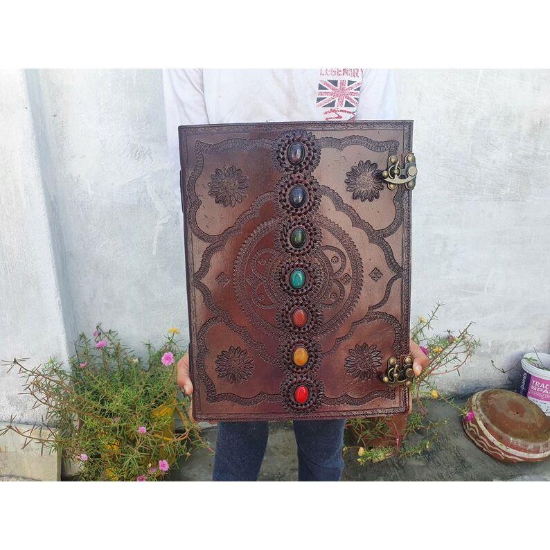 New Large Seven Stone Leather Journal, Book of Shadows, Journal, Wedding Guest Book, Leather Grimoire, Travel Notebook Gift for Him Her Gifts