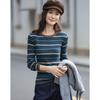 Women's Autumn Striped Slim-fit Knit Sweater with Merino Wool Blend