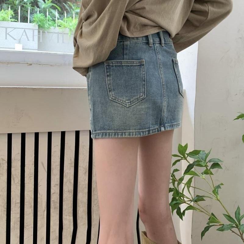 Летняя винтажная А-силуэтная мини-юбка в обтяжку бедер, ретро-повседневная джинсовая юбка с пуговицами и карманами, модная короткая юбка с высокой талией, 25402