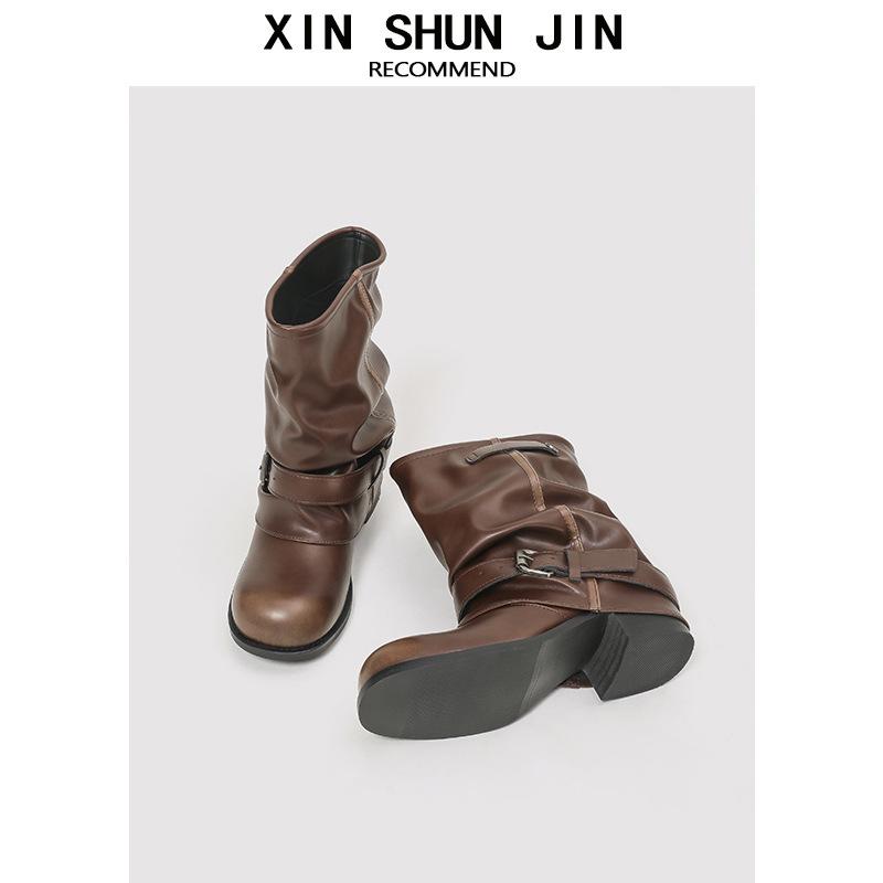 Autumn New Western Cowboy Boots Women'S Pleated Stacked Martin Boots Black Retro Fashion Thick Heel Trouser Boots