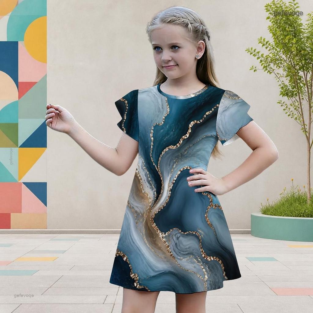Girls Round Neck Flutter Sleeve Colorful Gradient Printed A Line Flared Dress