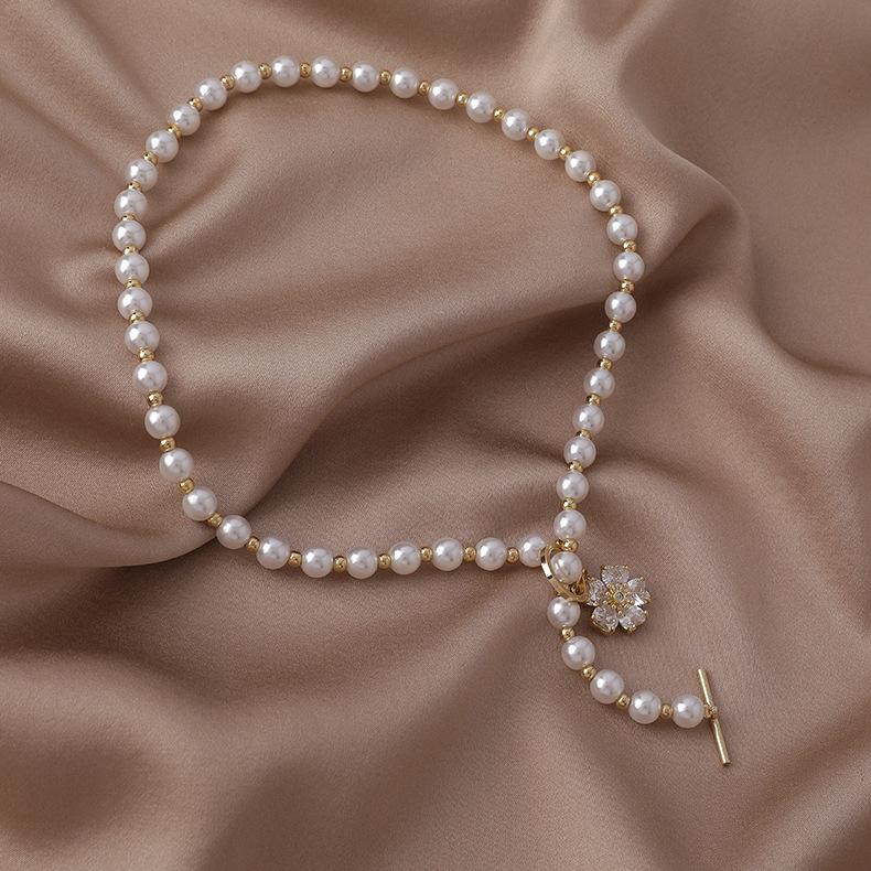 Zircon Flower Pearl Necklace Нишевый Дизайн 2025 Цепочка на Ключицы Летняя Универсальная Аксессуары с Застежкой OT