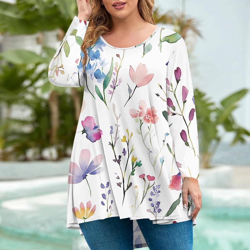 Женская мода большого размера с круглым вырезом и длинным рукавом, повседневный свободный пуловер с принтом