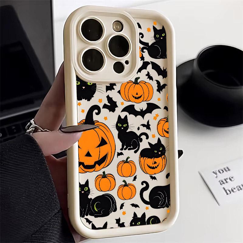 Чехол для телефона из силикона Soft TPU с рисунком кошки, тыквы и летучей мыши на Хэллоуин для iPhone 16 Pro Max 15 Plus 14 13 12 11 17 Air 16E Ударопрочный чехол