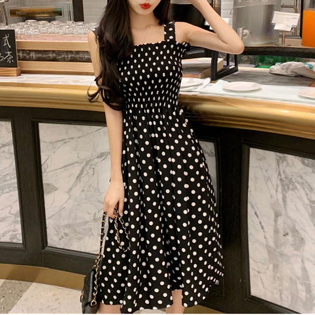 Fashion Women Loose None Sleeve Polka Dot Shouldder Plus Size Casual Dress