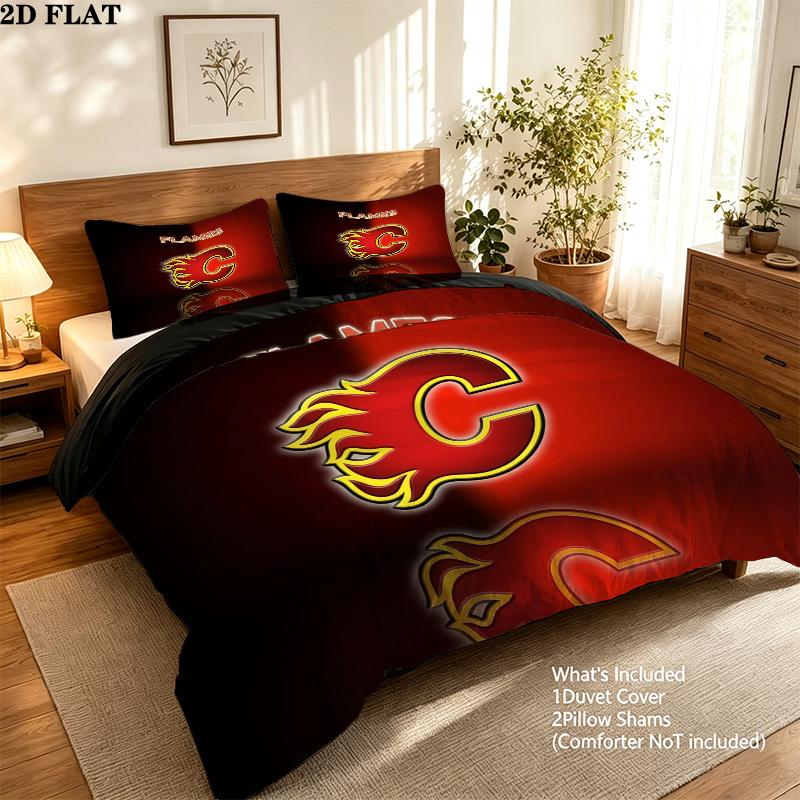 Calgary Flames Pattern Bedding Quilt Set Home Decoration Gift (1 * duvet cover + 2 * pillowcase without core)