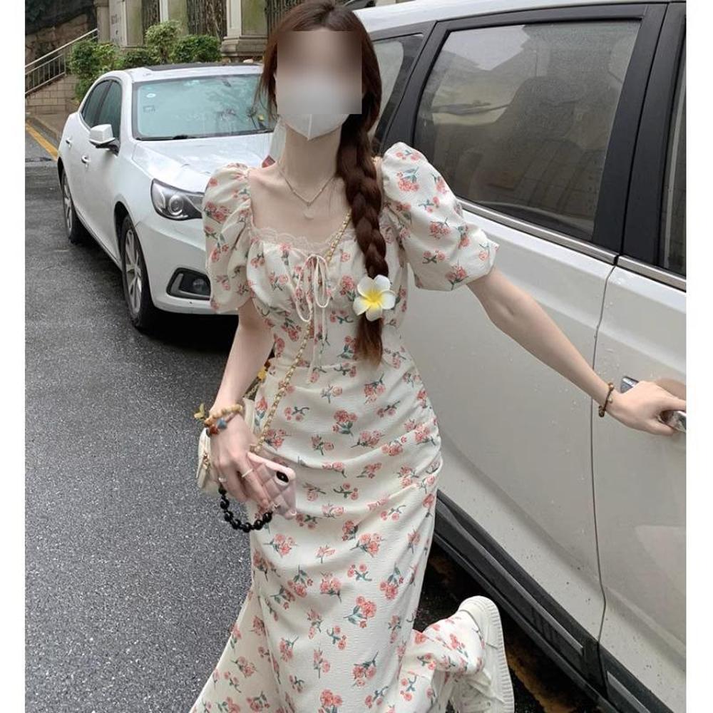 Женское французское платье «Первая любовь» с цветочным принтом, квадратным вырезом, юбкой «рыбий хвост», пышными рукавами и шнуровкой на спине