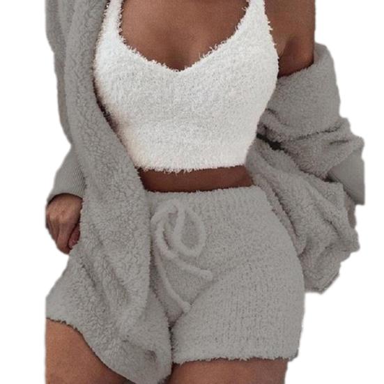 Winter Women Plush Sexy V-Neck Vest Shorts Long Sleeve Jacket Coat Set