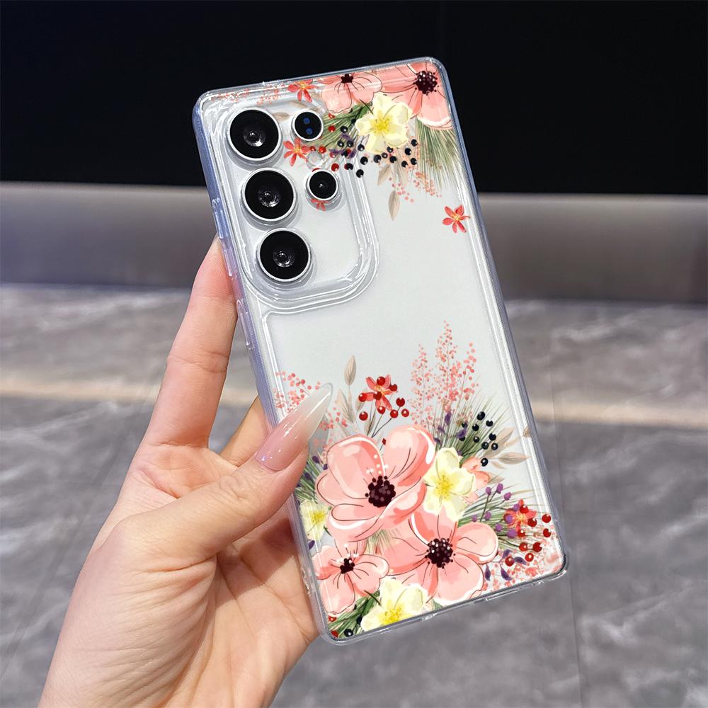 Акварельная розовая цветочная рамка Чехол для телефона для Samsung Galaxy S26 S25 S24 S23 S22 S21 S20 FE Plus Прозрачная ТПУ Защитная крышка
