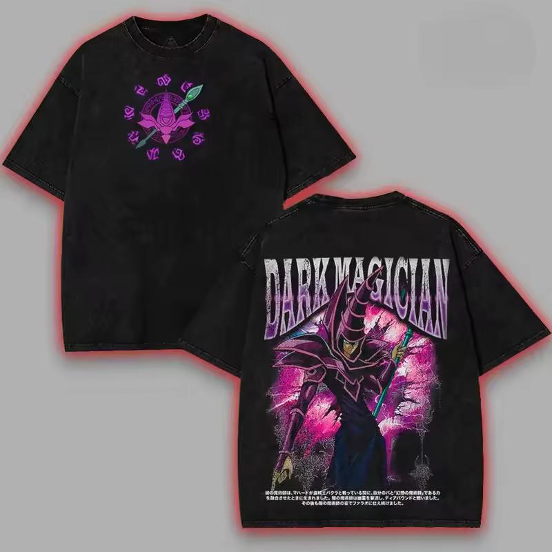 2026 Summer Anime Yu‑Gi‑Oh Dark Magician T‑shirt, Vintage Washed Texture, Harajuku Streetwear, Unisex Tee for Otaku Card Gamers
