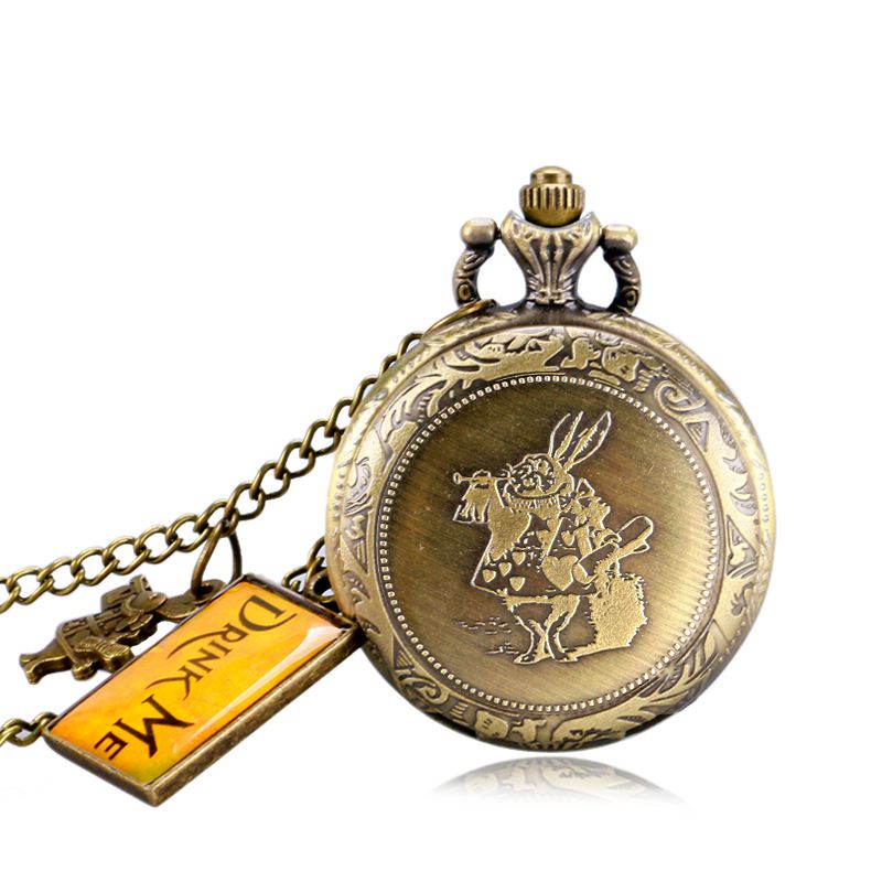 Retro Vintage Bronze Pendant Pocket Watch Little Cute Drink Me Tag Necklace Chain Top Fashion Gifts for Girls Women