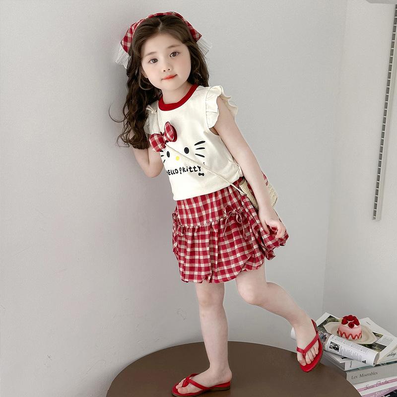Girls Summer Cartoon Fly Sleeve T Shirt And Plaid Bud Skirt 2 Piece Set Baby Casual Outfit