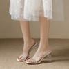 French Rhinestone Transparent Crystal Heel Sandals Women's Word with High Sense Thick Heel Slippers High Heels Wear Sandals
