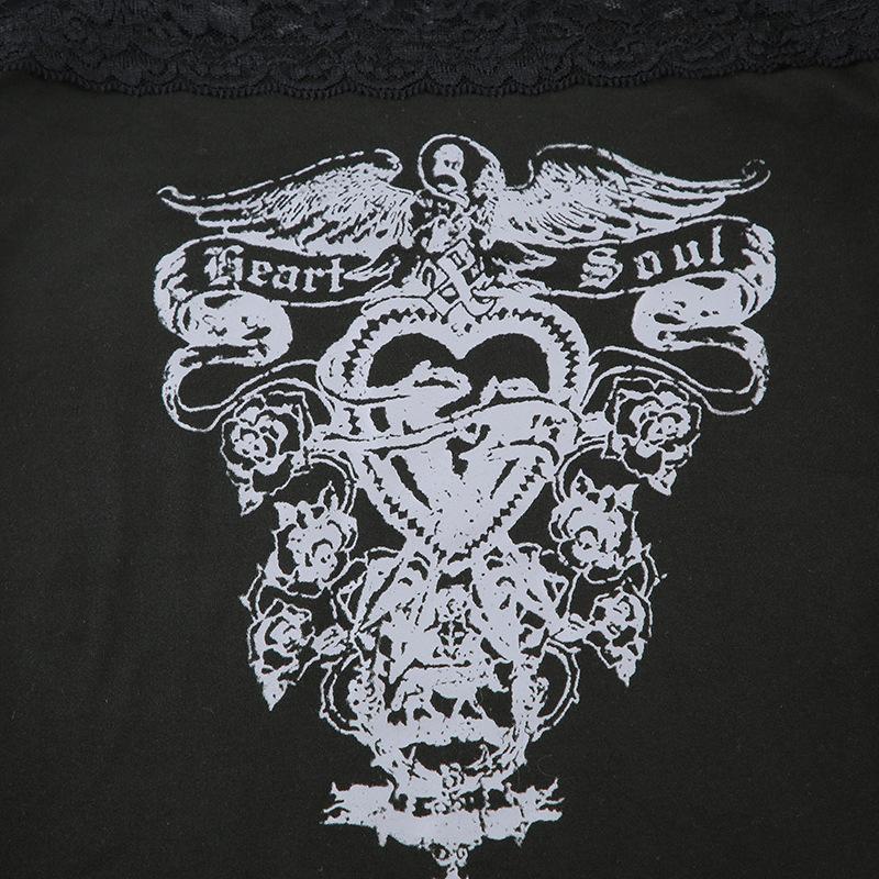 Женская футболка с длинным рукавом и темным ретро-принтом Clash Sexy Slim Lace Splicing на одно плечо