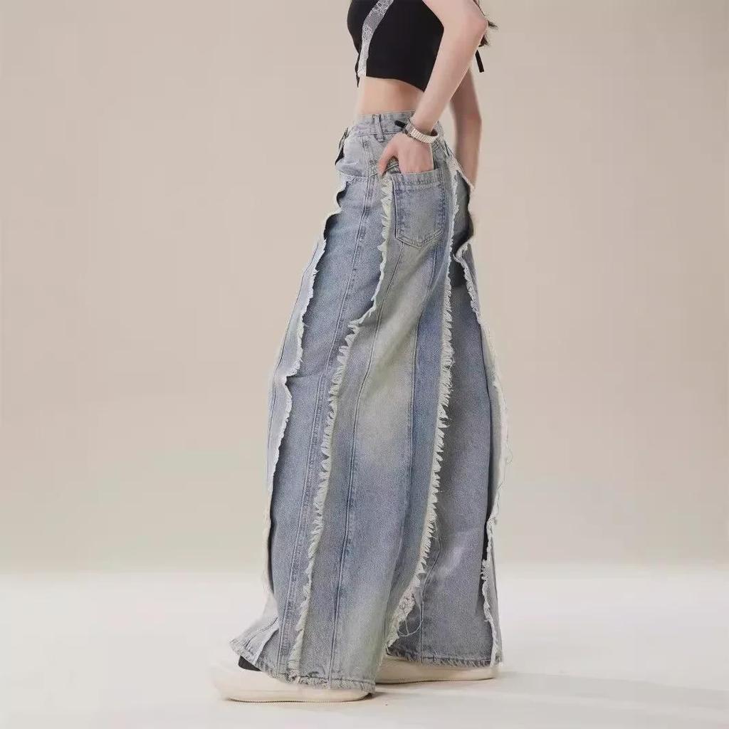 2024 Summer Retro High-Waist Loose Wide-Leg Fringe Jeans for Women