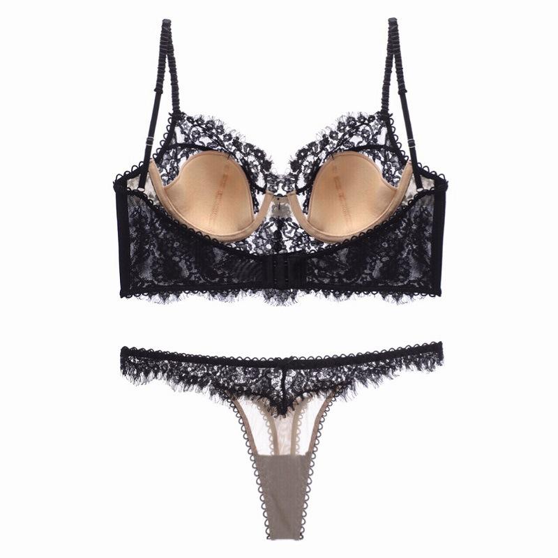 French Ultra Thin Lace Bra Set Sexy U Type Beautiful Back Underwear for Women Embroidery Flowers Bralette Romantic Bra Thong Set