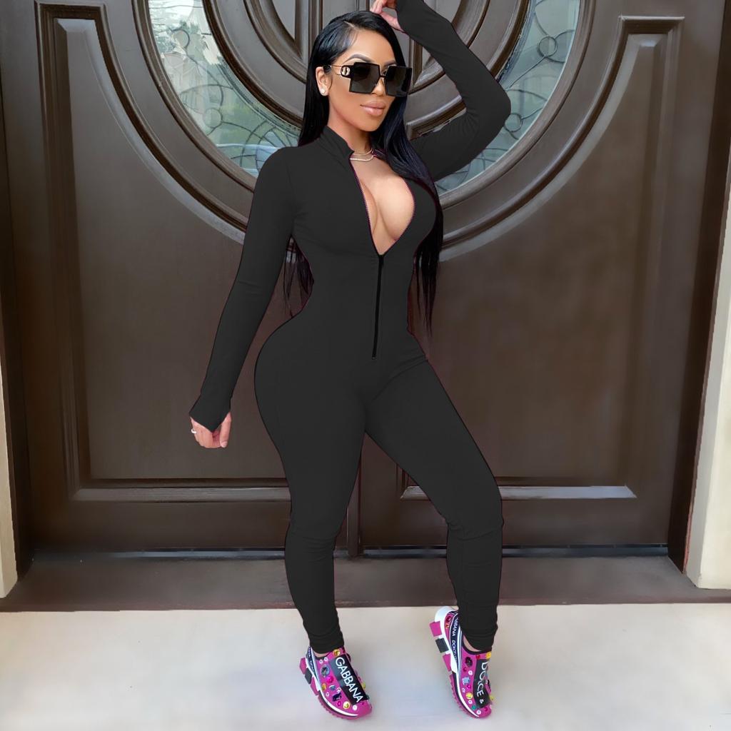 Women Sexy Bodysuit Long Sleeve Fall Wear Sexy Slim Skinny Clubwear Solid Zipper Bodycon Bandage Jumpsuit Overalls High Street