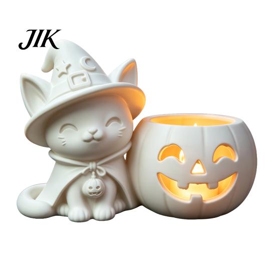 Cute Halloween Crafts Black Cat Pumpkin Candlestick, 3D Printed Witch Candle Hollow Light Holder with Tealight Cup, Spooky Tabletop Decor for