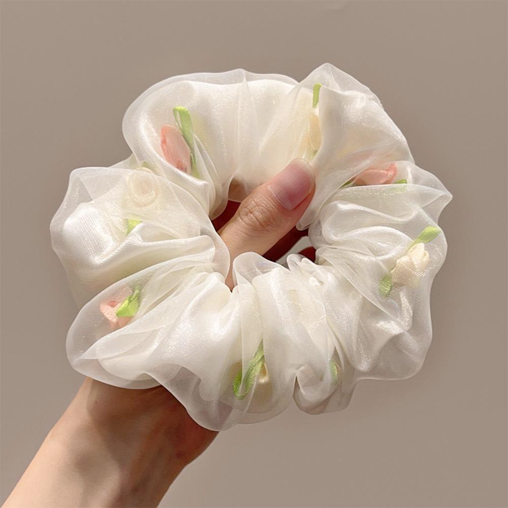 French Style Double Layer Hair Rope Large Intestine High Elastic Hair Bands Mesh Rose Blossom Ponytail Headband for Women