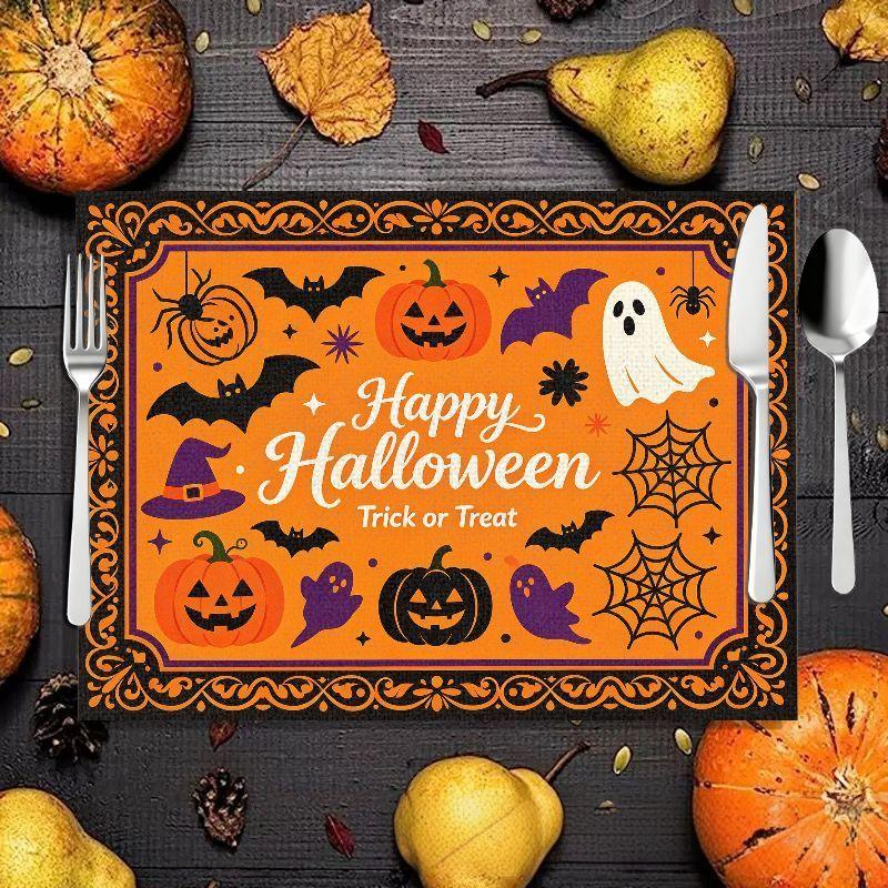 4 PCS Halloween Meal Mat, Pumpkin Ghost Bat Black Cat Castle Skeleton Table Mat, Absorbent Non slip Table Decoration