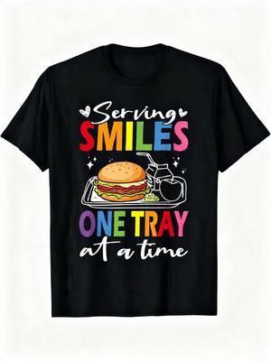 Men's Worker TShirt Serving Smiles One Tray At A Time Food Service Print with Tray Utensils Design Short Sleeve Round Neck Tee for School Cafeteria St