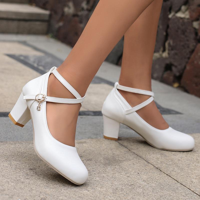Q/Women's High Heel Single Shoes Spring/Summer New Style Elegant and Simple Solid Color Thick Heel Large Low Top Shoes