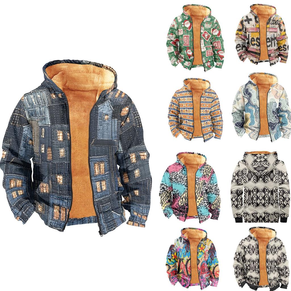 Men's Print Long Sleeve Pocket Coat Fashion Plus Velvet Overcoat