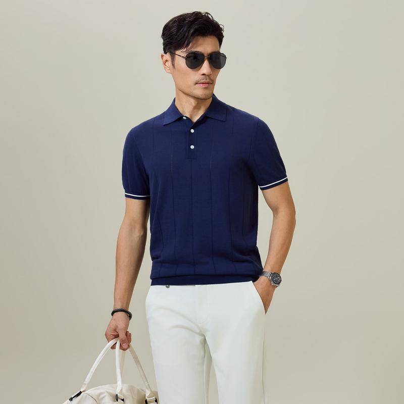 Silk hemp cotton 2026 summer men's old money style knitted short-sleeved T-shirt POLO shirt 7586