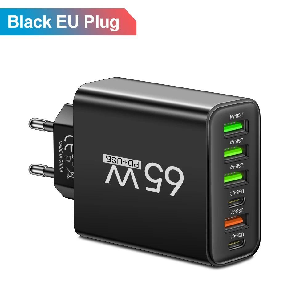 6 портов USB PD зарядное устройство 65 Вт быстрая зарядка Type C дорожный адаптер USB QC 3.0 для iPhone 14 15 Pro Xiaomi 13 Pro Samsung P60