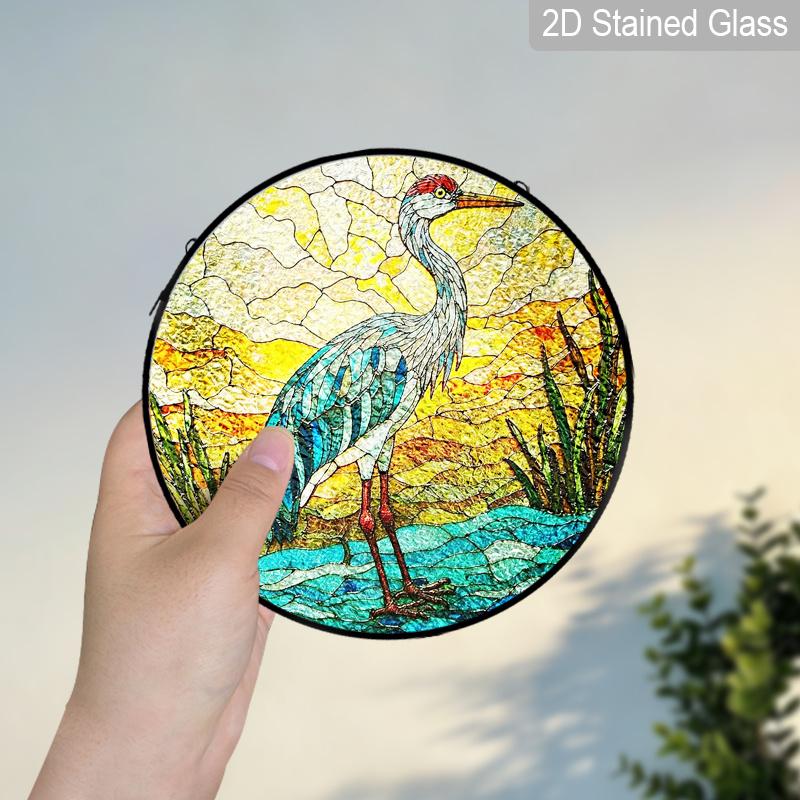 2D Flat Stained Glass White Crane Window Decoration, 7.87inches Animal Theme Colored Glass Plate with Chain, Charming Sun Catcher Home Decor, Unique