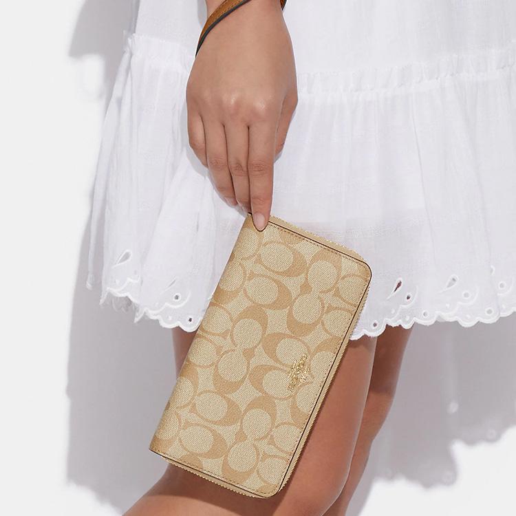 New COACH Zip Around Canvas With Leather Clutch Wallet Trumpets Women's Khaki C4452-IMVHK