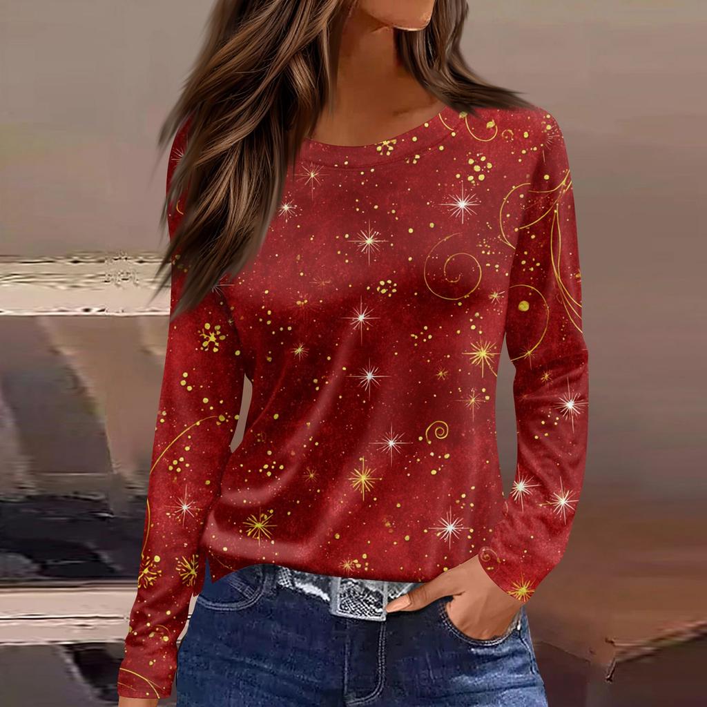 Women's Fashion Casual Slit Hem Round Neck Long Sleeve Loose Christmas Printed T-Shirt Ladies Top