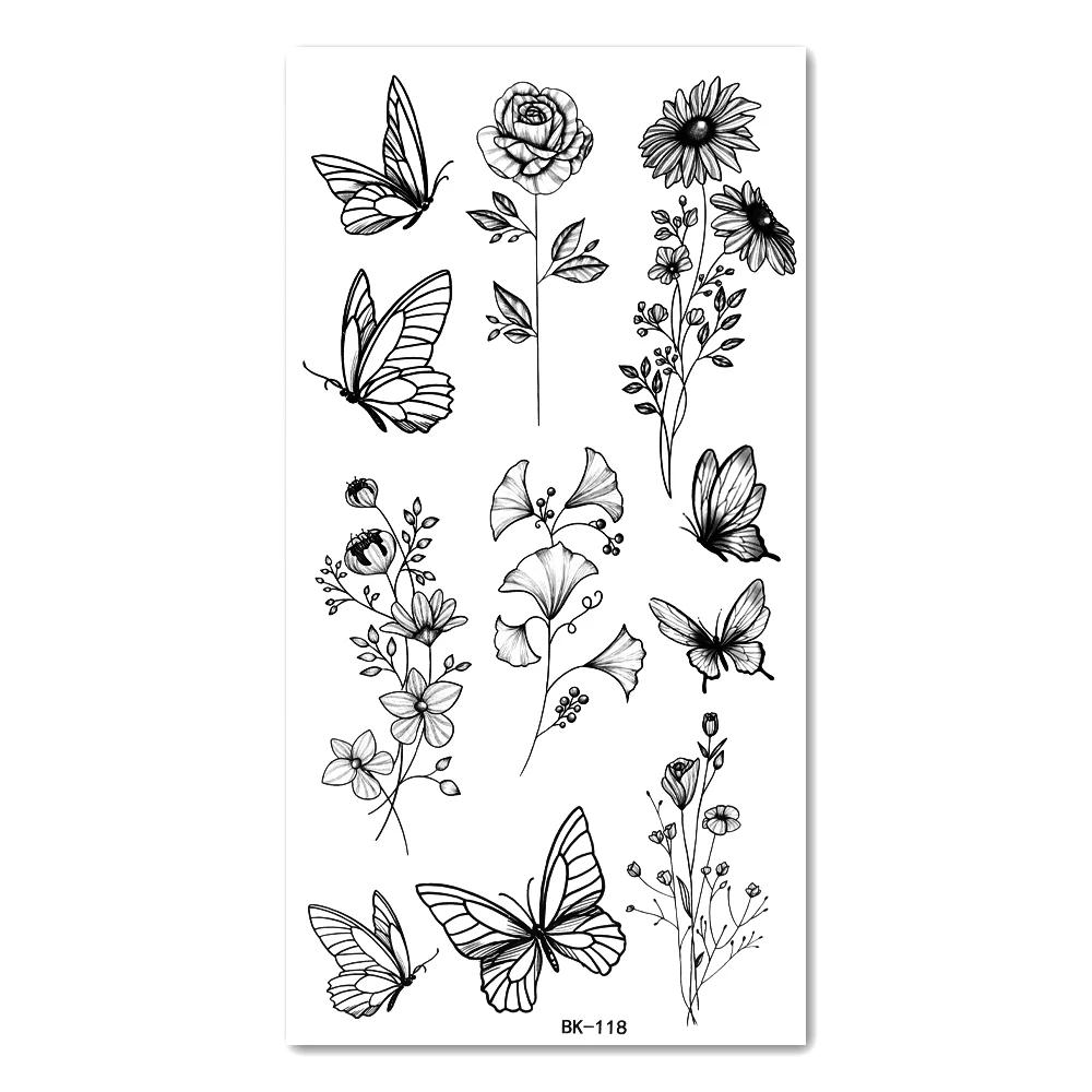 1/6pcs Black Butterfly Fake Tattoo Waterproof Temporary Tattoo Stickers Leg Arm Hand Foot Body Arts Magic Flower Texture Sticker