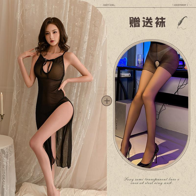 Sex underwear new sexy babes hollowed out and thin medium and long dress inner robe high waist slit
