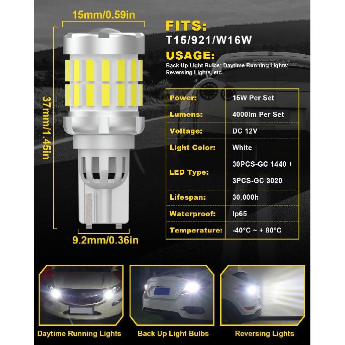 Xenon White 921 W16W Led Bulbs Canbus Error Free For Reverse Lights,912 T15 921 Back Up Lights,Replacement Bulb For 3rd Brake Lights,Interior Dome