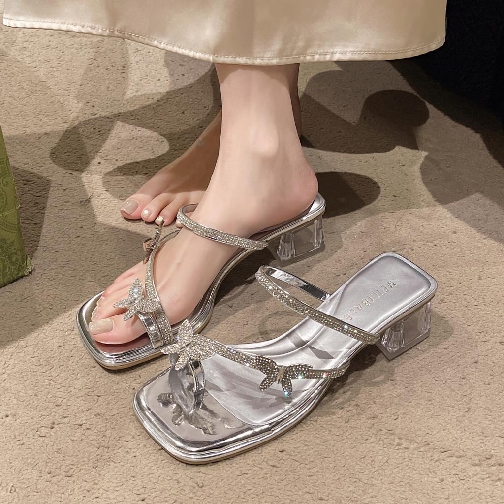 2025 Fashion Silver Crystal Sandals Women Rhinestone Butterfly Thick Heel Sandles Woman Summer Med Heeled Party Shoes Female