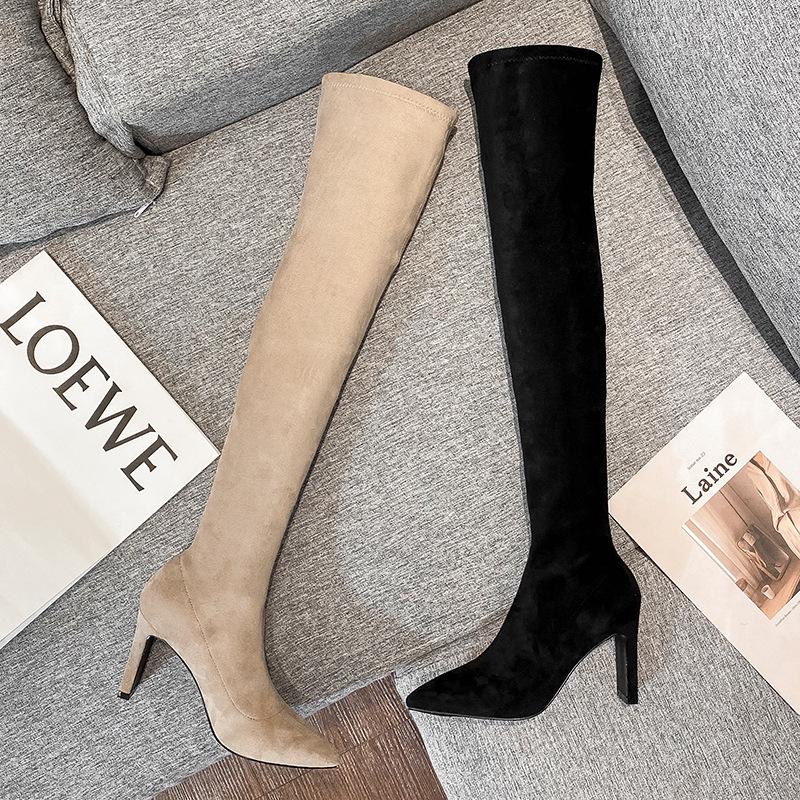 Autumn and winter middle heel women's boots solid color thick heel pointed boots thin boots knee elastic boots children
