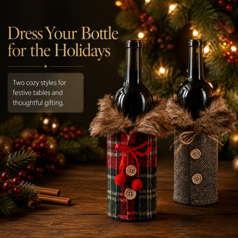 2Pcs Christmas Wine Bottle Covers Plaid Faux Fur Collar Wine Bag Holiday Dining Table Decor Champagne Sleeves