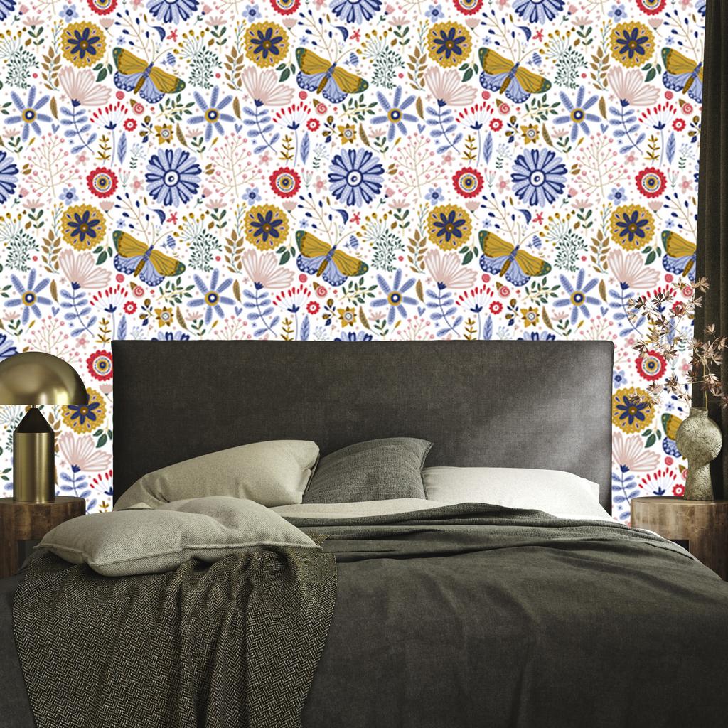 Wallpaper Flowers White and Blue for Living Room and Bedroom 50x1000