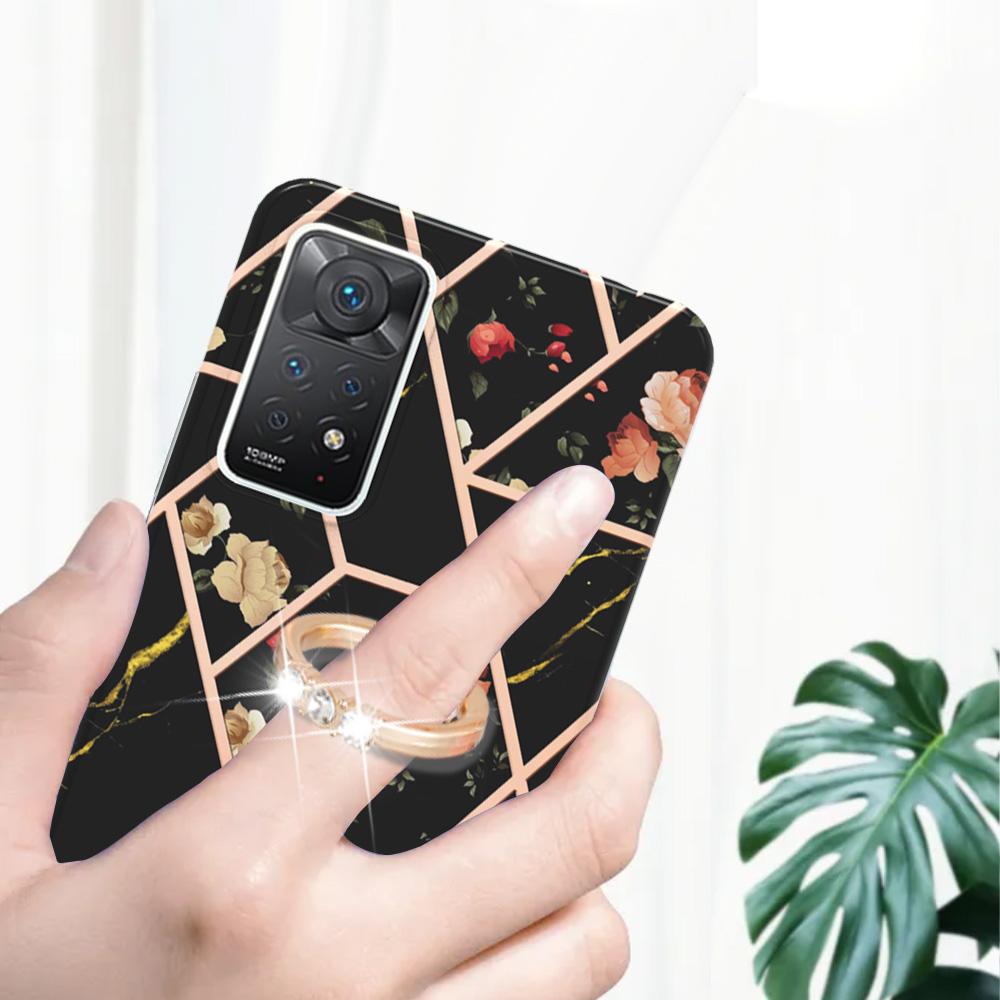 Ультратонкий чехол для телефона Ring Bracket Golden Border Grid Marble Flower IMD для Xiaomi Redmi Note 11S, Note 12 Pro 4G, Xiaomi 11T, Redmi 10, Poco X3 NFC...