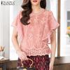 Women Casual Round Neck Short Sleeve Embroidery Lace Patchwork Blouse
